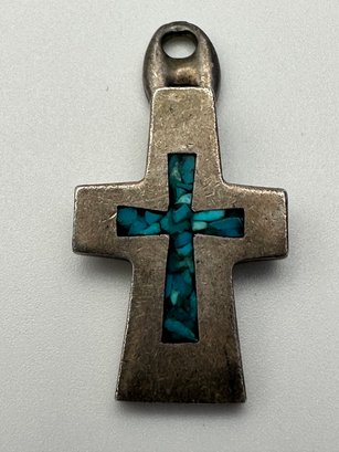 Sterling Silver Cross Pendant With Turquoise Cross Inlay, 5.93 G.