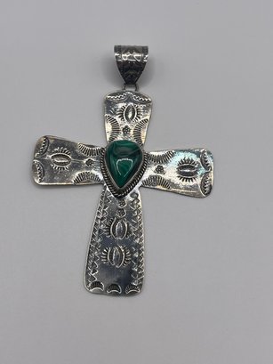 Sterling Cross Pendant With Green Stone 19.77g