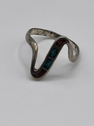 Southwestern Sterling Turquoise And Coral Ring 1.58g.  Size 7