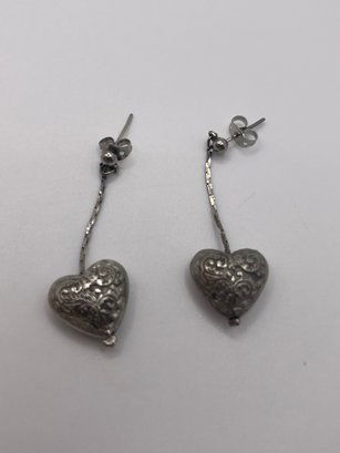 Sterling Dangle Earrings With Puffy Heart  2.08g