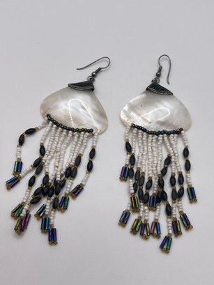 Sterling Mother Of Pearl Shell Earrings With Oil Slick Beaded 5' Length  15.87g