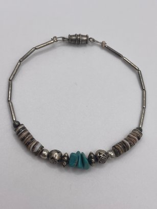 Sterling Turquoise Bangle Bracelet With Silver Toned Roses And Beads  4.35g