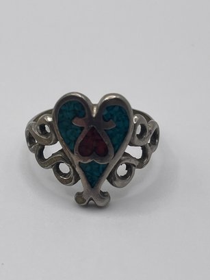 Sterling Hadar Design Ring With Turquoise And Coral Heart  3.51g     Sz. 8.5