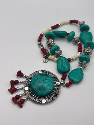 India - Faux Turquoise Necklace With Red And Silver Beads   95.85g