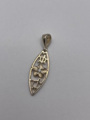 Sterling Surfboard Pendant With Turtle Design And Flower Center  1.80g