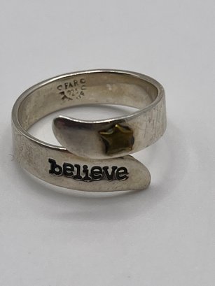 Sterling Ring With Gold Toned Star And 'believe' Engraving   3.54g     Sz. 7