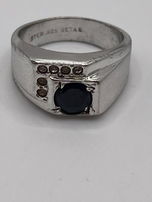 Sterling Ring With Black Onyx And Clear Stones   10.50g   Sz.9