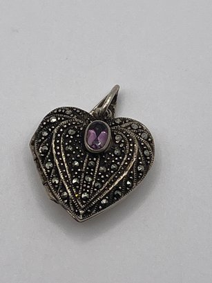 Sterling Heart Shaped Locket With Purple Oval Gem And Marcasite  8.0g