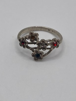 Sterling Wrap Ring With Multicolored Stone Flowers 1.78g  Size 6