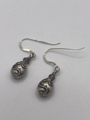 Sterling Dangle Earrings With Swirl Design And Bead  4.41g