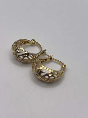 Sterling Quilted One Touch Gold Toned Hoop Earrings  2.93g