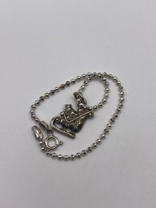 Sterling Bead Chain Bracelet With Sleigh Charm   4.23g    7'long