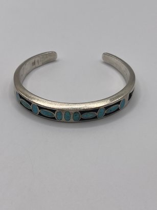 Sterling Cuff Bracelet With Turquoise And Black Inlay  35.67g