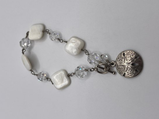 Sterling Bracelet With Sea Star Charm And White, Clear Beads   20.35g   8.5'long