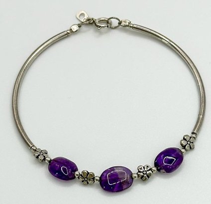 Sterling Bracelet With Purple Stones And Sterling Flower Beads 4.49g