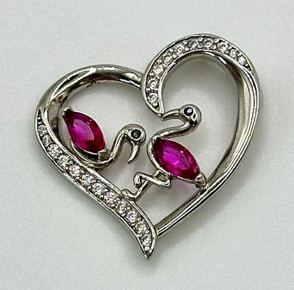 Sterling Heart Pendant With Flamingoes And Magenta Stone 3.42g