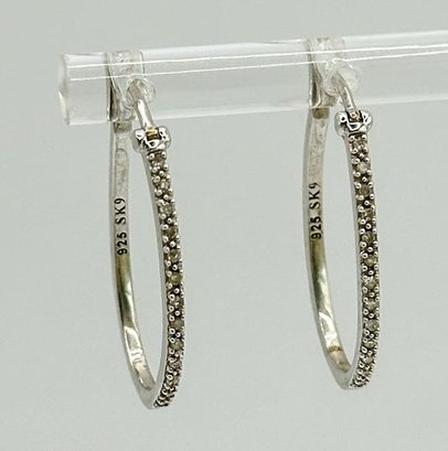 Oval Sterling Hoop Earrings With Rhinestone Embellishment 2.15g
