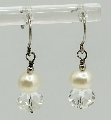 Sterling Hook Earrings With Pearl And Clear Bead 1.96g