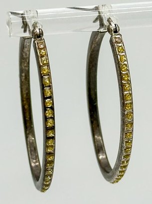Large Oval Hoop Earrings With Yellow Rhinestones 2.43g