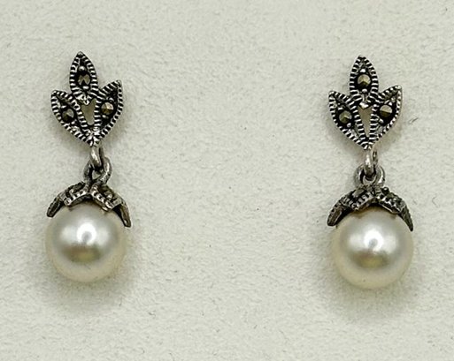 Vintage Sterling Drop Earrings With Pearl And Marcasite 3.15g