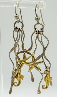 Sterling Ocean Dangle Earrings With Starfish And Seahorse 5.21g