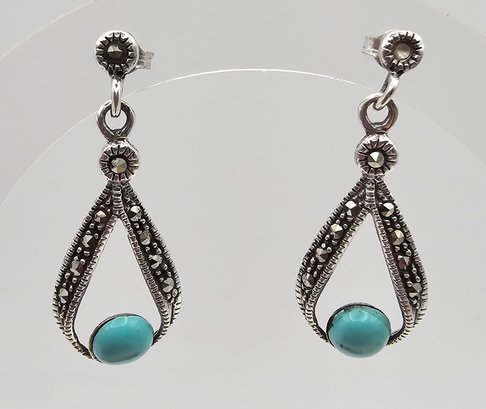 Turquoise Marcasite Sterling Silver Drop Dangle Earrings 4 G