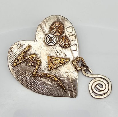 Signed Sterling Silver Brass Copper Artisan Heart Brooch 13.3 G