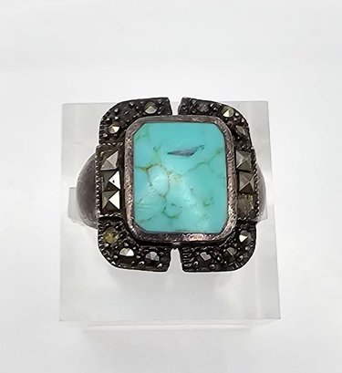 Marcasite Turquoise Sterling Silver Ring Size 5.5 6.5 G