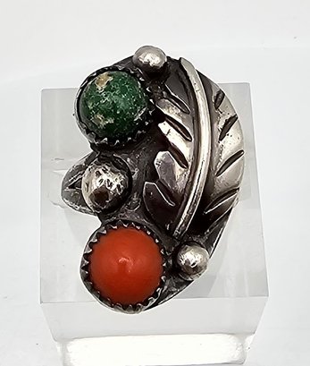 Nakai? Coral Turquoise Sterling Silver Ring Size 6 6.7 G