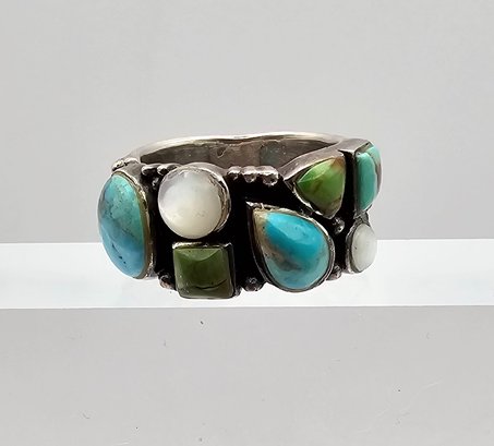 Turquoise Mother Of Pearl Sterling Silver Ring Size 7 7.8 G