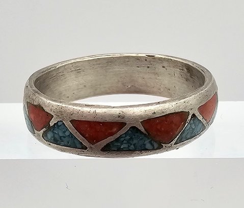 Southwestern Crushed Turquoise Coral Sterling Silver Ring Size 10.25 5.3 G