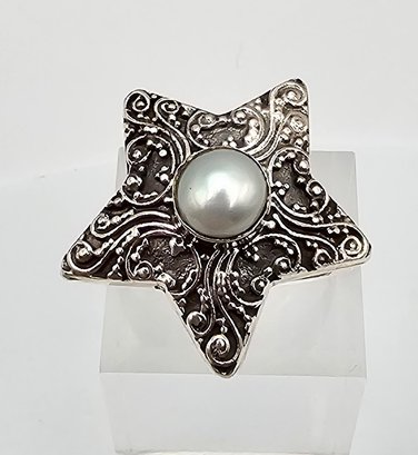 Pearl Sterling Silver Star Ring Size 9.25 7.2 G
