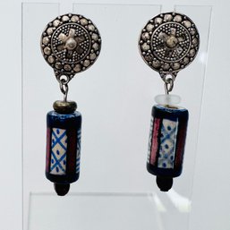 Sterling Silver Dangle Earrings With Intricate Silver Circle And Blue And Red Beads 6.36 G.