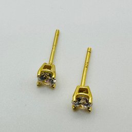 Gold Colored Sterling Silver Stud With Clear Stone, 0.58 G.