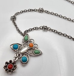 Carolyn Pollack Relios Mother Of Pearl Coral Turquoise Sterling Silver Necklace 11.6 G