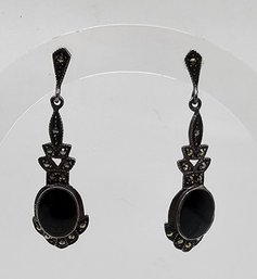 CW Onyx Marcasite Sterling Silver Earrings 4.5 G