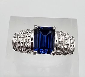 Lab Sapphire 10K White Gold Cocktail Ring Size 6.5 2.7 G
