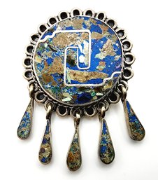 Sterling Signed Taxco Inset Chimalli Aztec Warrior Dangle Pendant/Brooch 6.6g