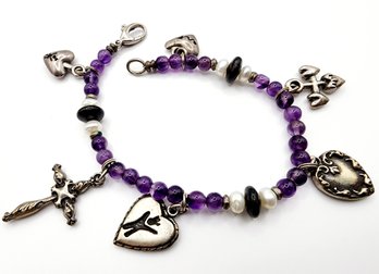 Sterling Pearl And Purple Beaded Heart And Cross Charm Bracelet 24.8g