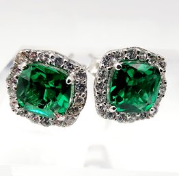 Sterling Green Gem And Rhinestone Stud Earrings 1.5g