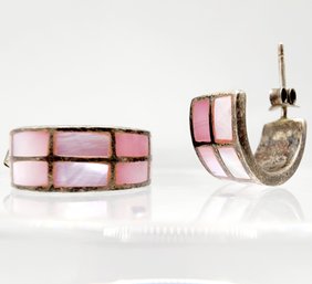 Sterling Signed Native Pink MOP Half-Hoop Earrings 4.6g
