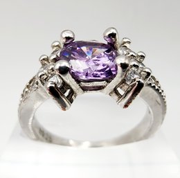 Sterling Amethyst Purple And Rhinestone Ring Sz 7, 3.1g