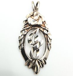 Sterling Signed Carved Rose And Initial Pendant 2.8g