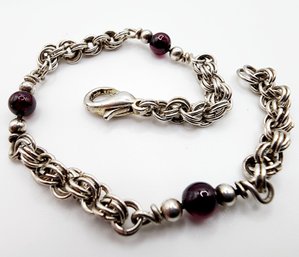 Sterling Garnet Bead And Triple Chain Link Bracelet 7.2g