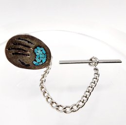 Sterling Signed Turquoise Inlay Native Bear Claw Tie Pin 2.9g