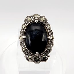 Sterling Onyx And Marcasite Ring Sz 6, 5.4g, As Is