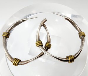 Sterling Silver Hammered Hoops With Golden Brass Accents 10.2g