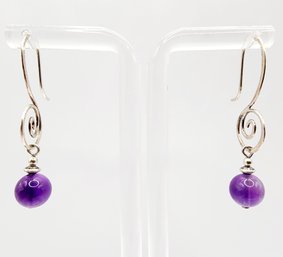 Sterling Spiral And Purple Bead Dangle Earrings 2.5g