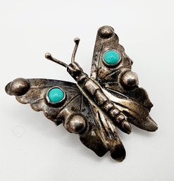 Sterling Signed 'MG' Native Turquoise Butterfly Brooch 3.5g