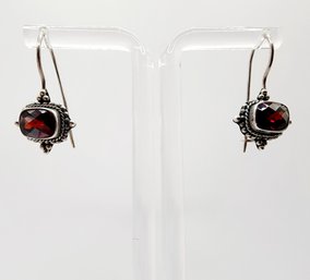 Sterling Garnet Red Faceted Stone Dangle Earrings 4.8g